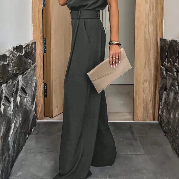 Dark Grey Women's Summer Solid Color Pocket Pleated Wide Leg Casual Jumpsuit - Picture 5 of 5